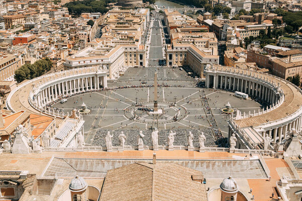 Vatican city, St. Peter's square. The view from the top and inside. Ancient architecture of Rome and the sights. Sculptures and Frescoes of great artists. Vatican Museum inside. Panoramic view from the roof