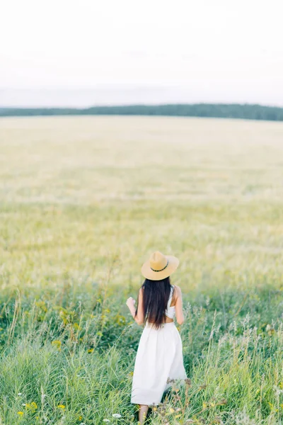 Fille Marchant Sur Terrain Dans Chapeau Robe Été Souriant Riant — Photo