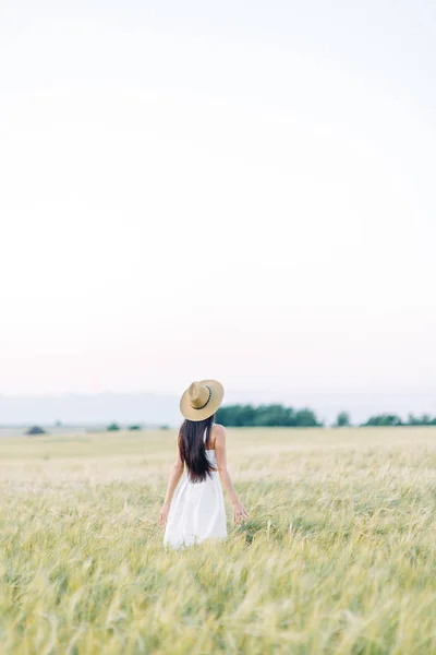 Ragazza Che Cammina Sul Campo Con Cappello Vestito Estivo Sorridente — Foto Stock