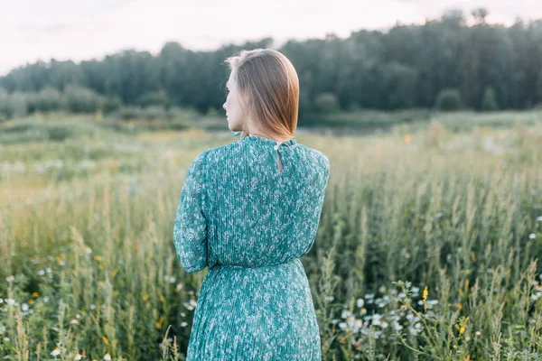 帽子と夏に美しいロシアの女の子のドレス 腰に草のフィールド上を歩いてします 幸せな旅行者 収集するハーブ 笑みを浮かべてします 森の夕日 — ストック写真