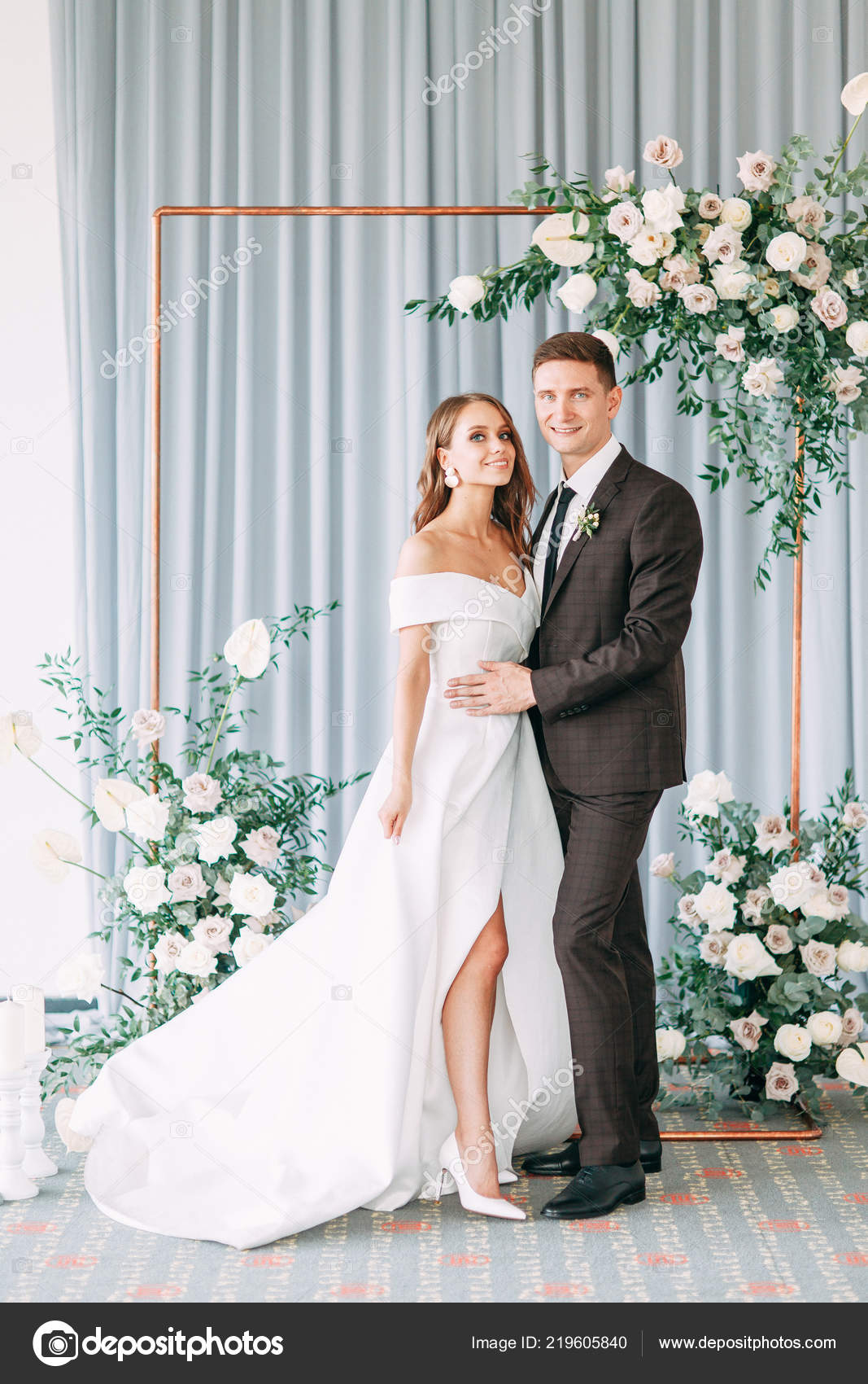 Stylish European Wedding Ceremony Bride Groom Surrounded Guests Arch