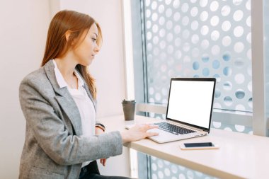 İş yerinde bir dizüstü bilgisayar ile el. Blogger kahve dükkanında. Beyaz ekran tasarımcılar için. İş kız.