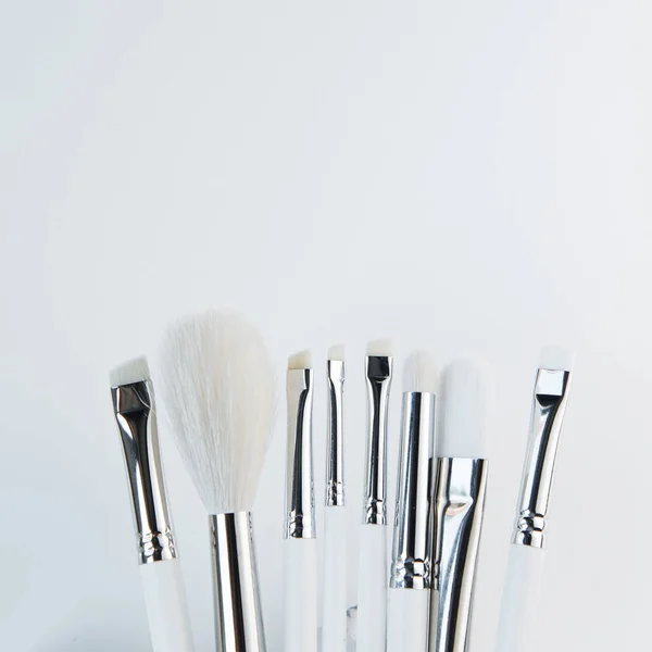 刷眉和化妆师在集合 切苯和极简主义 一组画笔和弗拉特利 仪器灭菌 — 图库照片