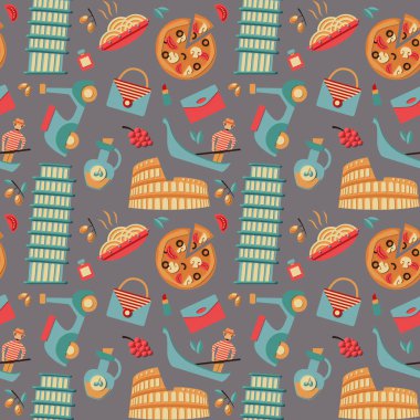 İtalya manzaraları stilize bir derleme. Gıda ve binalar Roma. Flatley ve 3d simgeleri