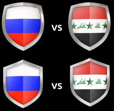 Spor ve ülkeler arasında askeri çatışma. Kalkanlar izole 3D bayraklı.