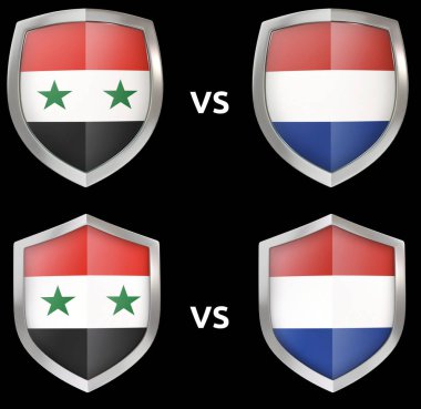 Spor ve ülkeler arasında askeri çatışma. Kalkanlar izole 3D bayraklı.