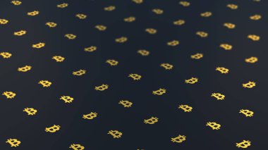 Bitcoin logo 3D karanlık bir arka plan üzerinde. Siyah altın ile tasarım için soyut doku.