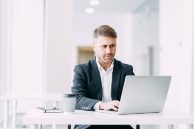 Bir çalışan, dizüstü bilgisayar, iş yönleri. Parlak ve şık ofis iç ve arka plan dışarı kesim.