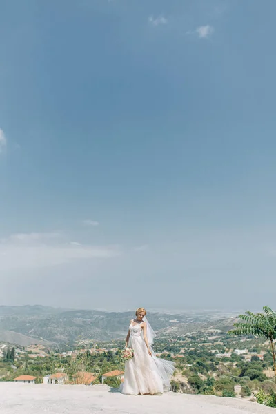 Bruid Bergen Met Een Prachtig Uitzicht Cyprus Een Trouwjurk Een — Stockfoto