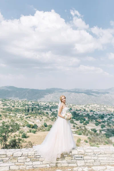 Novia Las Montañas Con Una Hermosa Vista Chipre Vestido Novia —  Fotos de Stock