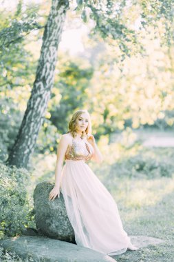 Aerial photo shoot at sunset in the forest. Girl in a flying dress in the style of fine art.