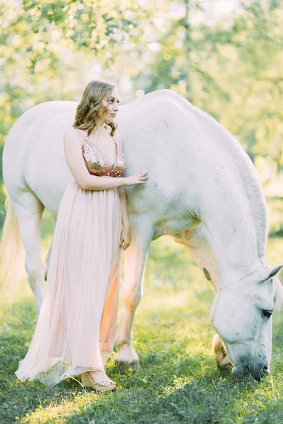 Fotografia Aérea Pôr Sol Floresta Com Cavalo Uma Menina Vestido — Fotografia de Stock