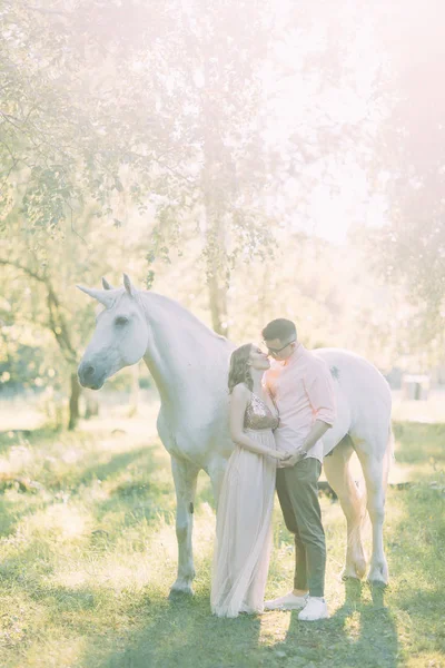 Fabulous Photo Shoot Couple Unicorn Air Series Sunset Forest Horse — Stock Photo, Image