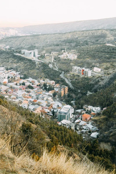 Solnedgång Och Kvällen Staden Tbilisi Georgien Panoramautsikt Och Lampor Historiska — Stockfoto