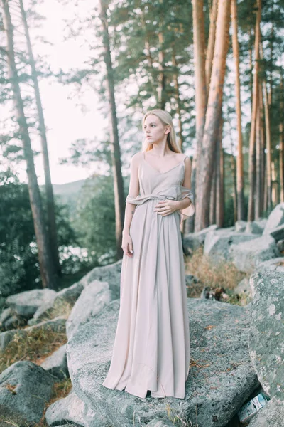 Girl Boudoir Dress Pine Forest Standing Rocks Thin Flying Dress — Stock Photo, Image