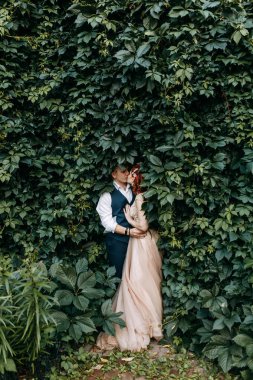 Yeşil duvar düğün birkaç arka planda. Bina bitki örtüsü.