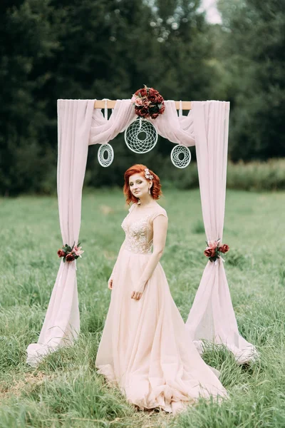 背の高い草のフィールドの花嫁 ヨーロッパ スタイルの自然の中の結婚式写真撮影 — ストック写真