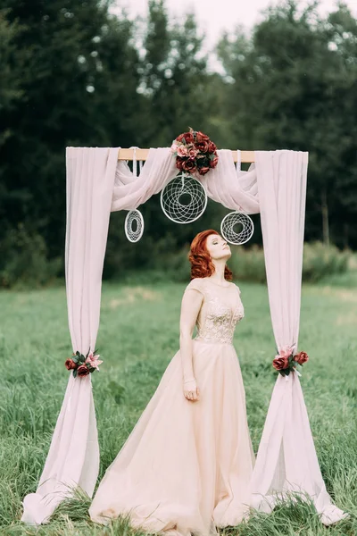 背の高い草のフィールドの花嫁 ヨーロッパ スタイルの自然の中の結婚式写真撮影 — ストック写真