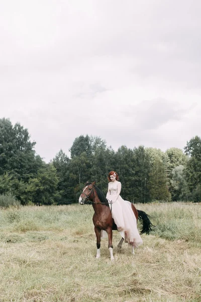 The bride on a horse in the field. Beautiful wedding and photo shoot with a horse.