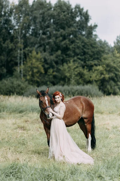 Noiva Num Cavalo Campo Casamento Bonito Sessão Fotos Com Cavalo — Fotografia de Stock