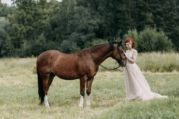 Noiva Num Cavalo Campo Casamento Bonito Sessão Fotos Com Cavalo — Fotografia de Stock