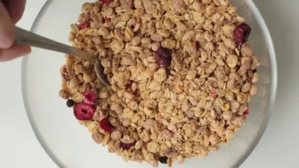 Granola Para Café Manhã Cozinhar Uma Tigela Mingau Dieta Saudável — Vídeo de Stock