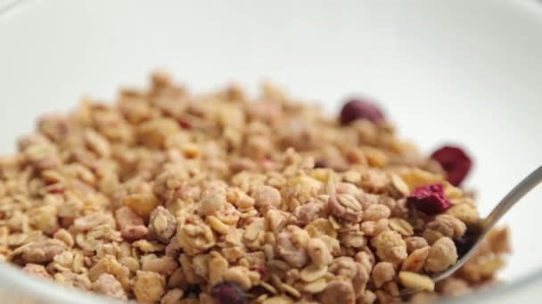 Granola Para Desayuno Cocinar Tazón Gachas Fruta Saludable Dieta Con — Vídeo de stock