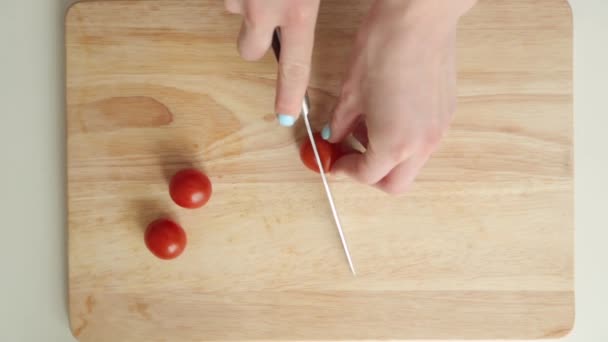 Slicing Cherry Tomatoes Salad Cutting Tomato Wooden Board — Stock Video