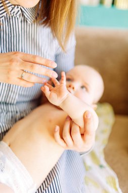 Fotoğraf stüdyosunda açık arka planda bir çocuk. Annesinin kollarında bebek. 