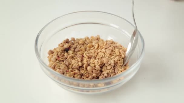 Granola Voor Ontbijt Koken Een Kom Fruit Gezond Dieet Pap — Stockvideo