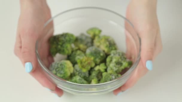 Frozen Broccoli Bowl Preparation Fresh Green Cabbage — Stock Video