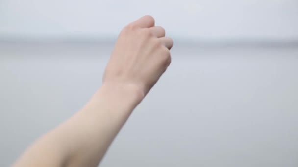 Female Hand Touching Air Background Lake Nature Harmony Touch Hand — Stock Video