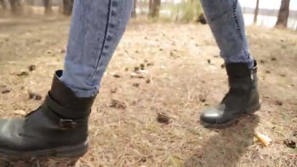 走在公园和腿在框架 树林中地面的足迹 — 图库视频影像