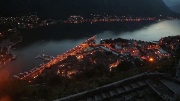 Widok Nocne Miasto Kotor Zatoki Zabytki Twierdza Czarnogórze — Wideo stockowe