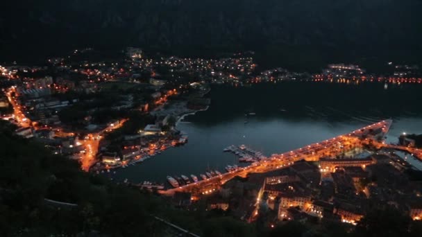 Výhled Noční Město Kotor Záliv Zajímavosti Pevnost Černé Hoře — Stock video