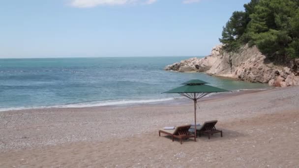 Picturesque Coast Island Sveti Stefan Tourist Beach Sand Sunbeds Montenegro — Stock Video