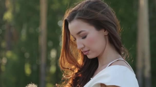 Schattig Romantisch Meisje Wandelen Het Bos Zomer Wandelingen Het Park — Stockvideo