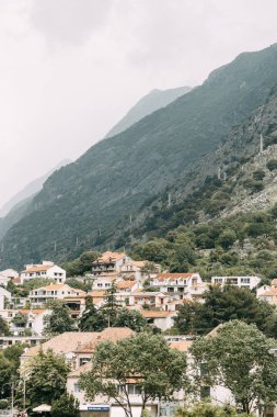 Avrupa'daki dağların panoramik manzarası. Kotor Körfezi'ndeki dağlar ve kayalar, Karadağ. 
