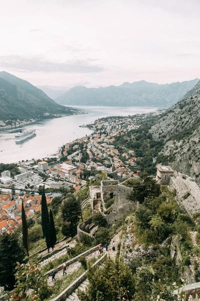 stock image Panoramas of the night city and fortress. Evening Bay of Kotor, Montenegro. 