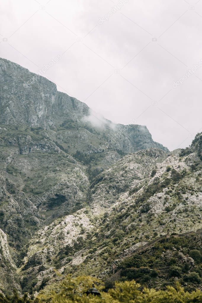 Panoramic views of the mountains in Europe. Mountains and rocks in the Bay of Kotor, Montenegro. 