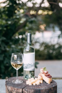 Bruschettes ve prosciutto ile piknik. İtalya'da doğada bir bardak ile Beyaz şarap. 