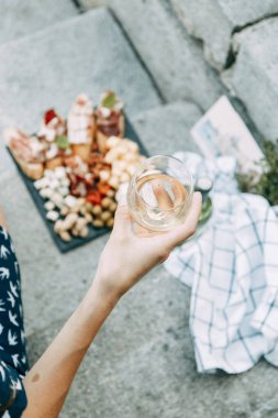 Bruschettes ve prosciutto ile piknik. Peynir ve et ile İtalyan tarzı blogger. 