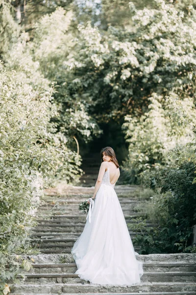 Novia Con Vestido Largo Naturaleza Con Puesta Sol Una Boda —  Fotos de Stock