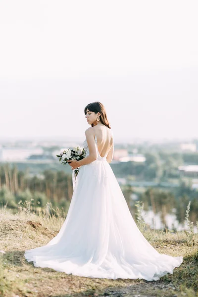 Novia Con Vestido Largo Naturaleza Con Puesta Sol Una Boda —  Fotos de Stock