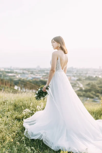 Novia Con Vestido Largo Naturaleza Con Puesta Sol Una Boda —  Fotos de Stock