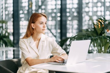  şehrin parlak kafe. dizüstü bilgisayar ile iş kız.