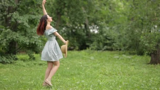 Zonnige Fotoshoot Meisje Een Hoed Wandelen Het Zomer Park — Stockvideo