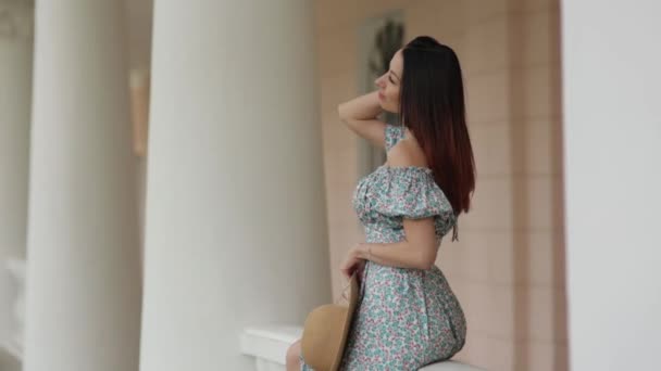 Sonrisas Emociones Naturaleza Una Chica Vestido Verano Sentada Cerca Finca — Vídeos de Stock