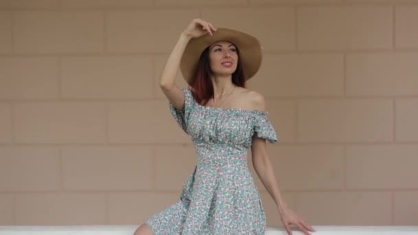 自然の中の笑顔と感情 不動産の近くに座っている夏のドレスを着た女の子 — ストック動画