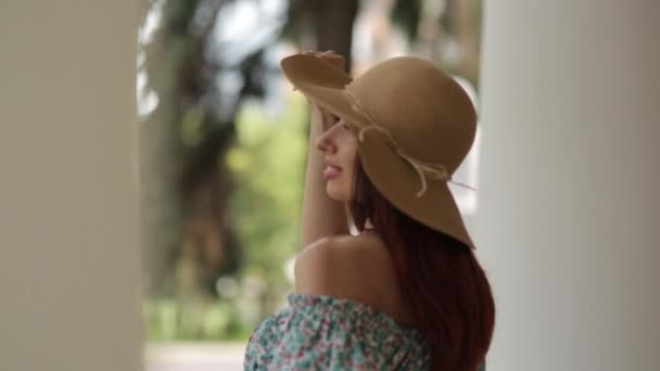 Sorrisos Emoções Natureza Uma Menina Vestido Verão Sentado Perto Propriedade — Vídeo de Stock